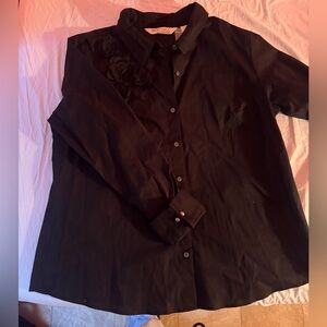 Black Button-Up Shirt with Floral Detail